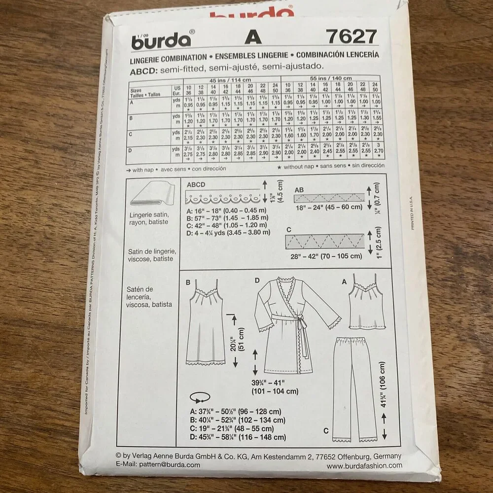 Burda Sewing Pattern #7627 Lingerie Camisole Nightdress Robe Pants 10-24 UNCUT